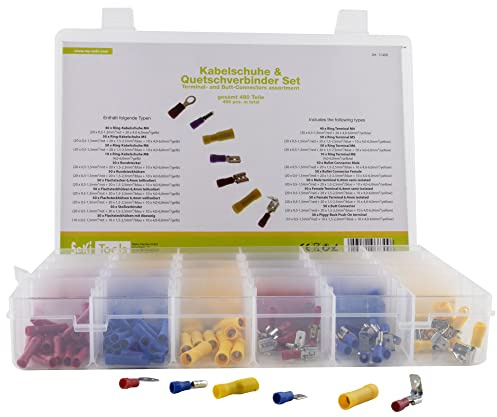 SeKi Kabelschuhe Sortiment 480 Teile 30 Typen - Quetschverbinder, Steckverbinder, Flachsteckhülsen, Flachstecker, Ringkabelschuhe, Rundstecker, Stoßverbinder und Ring Kabelschuhe