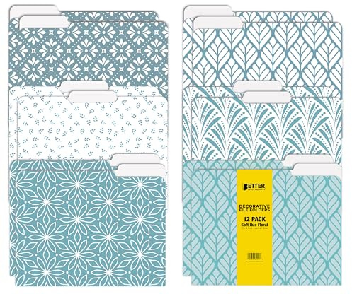 Better Office Products Decorative File Folders, 12 Pack, 6 Unique Designs, Heavyweight, Letter Size (9.5 x 11.5) with 1/3 Cut Tab, Soft Hue Floral Designs, Fashion Folders