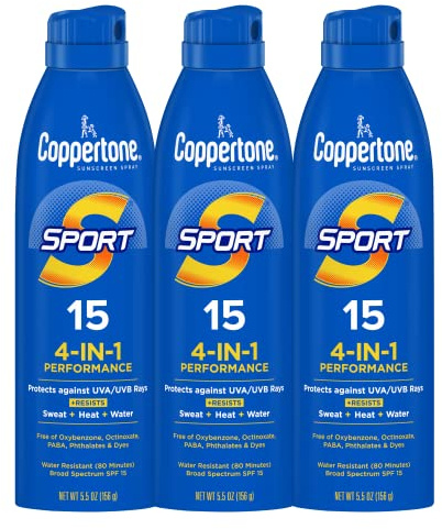 Coppertone Sport Sunscreen Spray, Broad Spectrum SPF 15 Water Resistant Spray Sunscreen, 5.5 Oz, Pack of 3