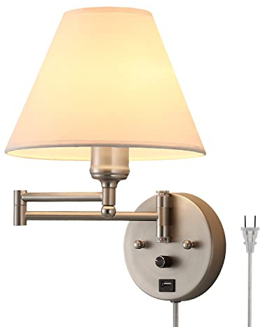 PFQCGU Swing Arm Wall Sconces, Plug-in Wall lamp,Bedroom Wall lamp ， White Fabric Shade，，with dimmable Switch and USB Charging Port, Suitable for Bedside, Living Room, Reading (Nickel)
