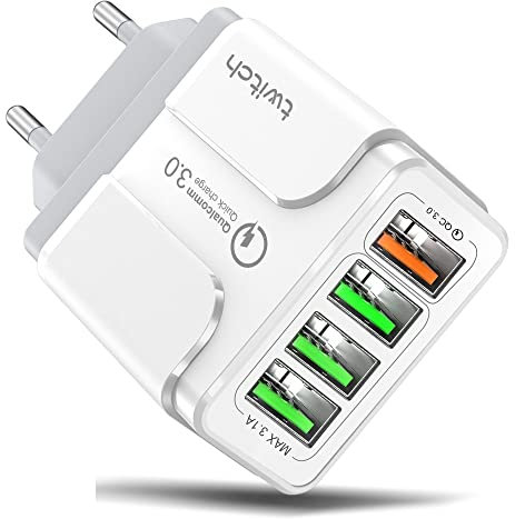 Caricatore USB da Muro Multiplo Carica Rapida, Quick Charger 3.0. Caricatore USB da Muro 4 Porte 3.1 Alimentatore Presa USB per Samsung Galaxy S21/S20/Note,Xiaomi,Huawei (White)