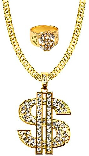 Weenkeey 2 st dollartecken halsband ring set hip hop dollar halsband strass guldkedja halsband för män kvinnor, metall