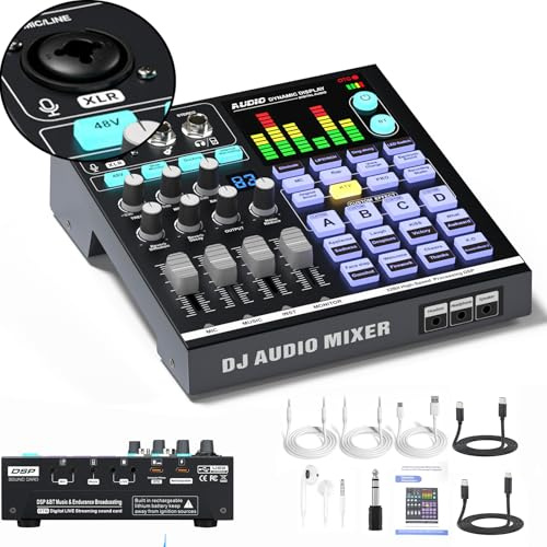 KILOGOGRAPH 48V Podcast Sound Board - XLR Audio Interface for Live Streaming Studio Recording Gaming, Bluetooth DJ Mixer for iPhone Laptop PC, External Music Sound Card, Content Creator Gift (SN800)
