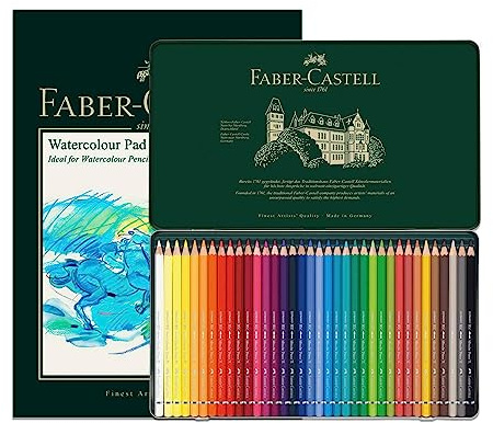 Faber-Castell A4-Aquarellblock und Dose mit 36 Albrecht Dürer Aquarellstiften – Kunst-Set für Malbücher für Erwachsene, Bastelbedarf, Zeichnen, Skizzieren, lichtechte Bleistifte, Schulen, Zuhause,