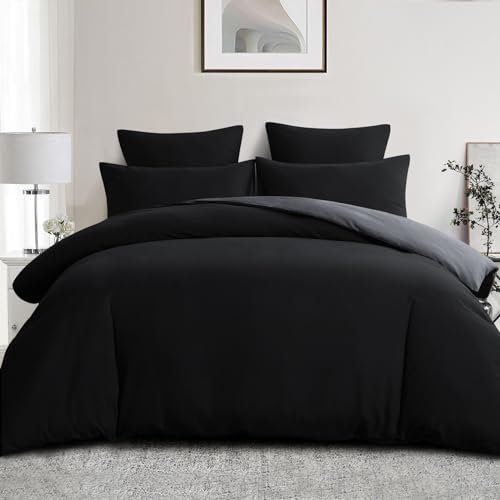 Aisbo Double Size Duvet Cover Set - 3Pcs Reversible Bedding Bed Set Black and Grey Double Soft Brushed Microfiber Quilt Cover with 2 Pillowcases 50x75cm