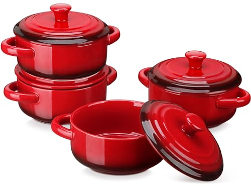 LOVECASA Mini Cocotte Set 4 Casseruole in Gres da 420 ml Terrine da Forno Monoporzione con Manici e Coperchio Piccole Pirottini da Forno, 17 x 12,3 x 8,6 cm, Lavastoviglie Possibile, Rosso Graduale
