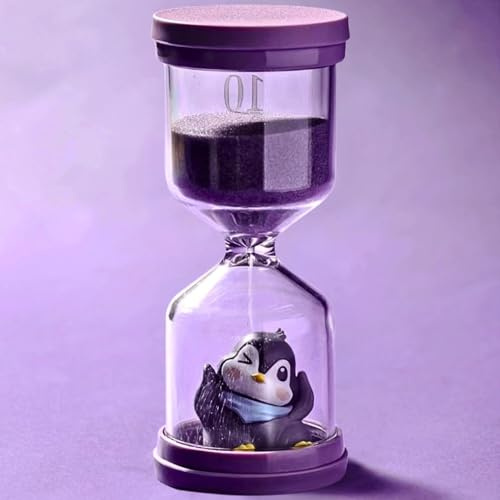 Sanduhr 10 Minuten,Lila Kinder-Sanduhr mit Pinguin,Visueller Timer Kinder | Bruchsicherer Kunststoff,Macaron-Lila,Sanduhr Kinder,Time-Timer für Kinderalltag, Lernen,Küche und Spiel