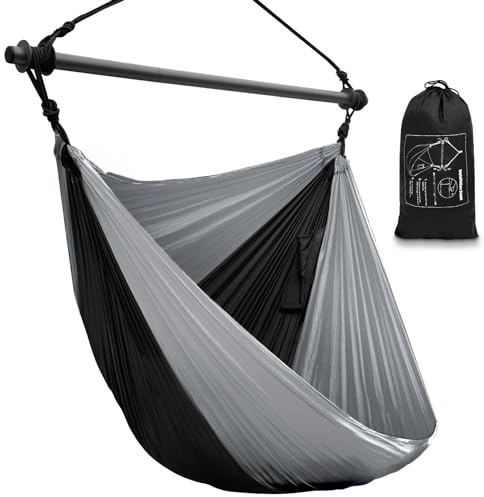 Silla hamaca con columpio, silla colgante para interiores y exteriores, silla columpio grande y ligera para niños y adultos, silla hamaca portátil para acampar (negro, gris)