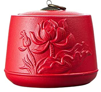 BINGWANG Tea Tin Porcelain Tea Canister for Loose Tea, Matte Ceramic Tea Caddy with Sealed Lid, Embossed Lotus Leaves and Flowers 830 ML Loose Tea Storage Containers(Rojo)
