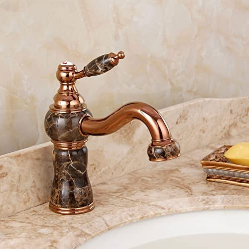 CCKUHN All Copper Natural Jade Hot and Cold Water Faucets, Rose Gold Marble Antique Faucets, Golden Faucets (As Shown in Fig)
