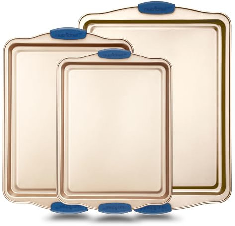 NutriChef Nonstick Baking Pans Set - Carbon Steel Bakeware with Blue Silicone Handles, Even Heat Distribution, Durable & Reliable 3-Piece Cookie Sheet Set in Small, Medium, Large Sizes (Gold)