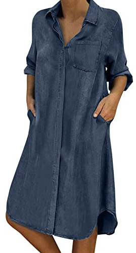 polokleid Damen, Jeanskleid Damen Stretch Einfarbig Kurzarm Blusenkleid Freizeitkleid A-Linie Baumwolle Strandkleid Denim Kleid Locker Casual Sommerkleid Hemdkleid Blau Sommer Midikleid