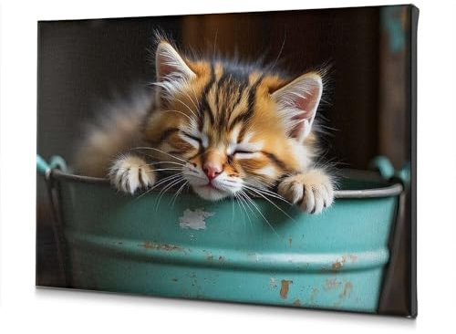 Decorazione pasquale Un simpatico gattino che dorme in un secchio verde. Tela decorativa per la casa, decorazione da parete (40 x 60 cm)