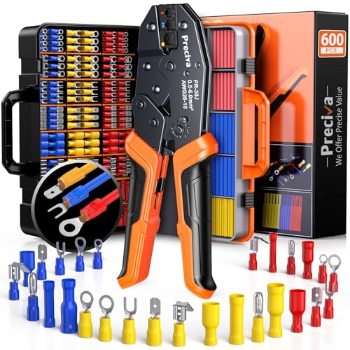 Preciva 600-Piece Professional Crimping Tool Set, Includes Crimper Tool for 0.5-6mm² Wires (AWG 20-10), 490 Insulated Ferrules, 190 Heat Shrink Tubings & 2-Layer Toolbox, for Electrical Maintenance