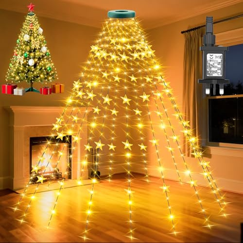 cshare Christmas Tree Lights, 2M x16 Lines 400 LEDs Star Fairy Lights Plug in with Timer 8 Twinkle Modes Memory Waterproof for 5-10Ft Christmas Tree Indoor and Outdoor- Warm White