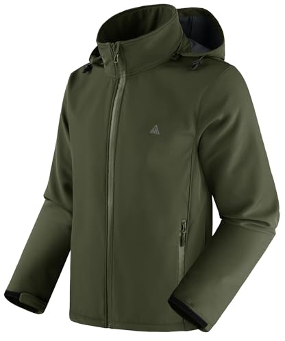 SwissWell Chaqueta Hombre Softshell de Senderismo Hombre Exteriores Multifuncional Cortaviento Impermeables Invierno Chaquetas Cálida con Capucha con Bolsillos para Marcha Acampada Verde Militar XL