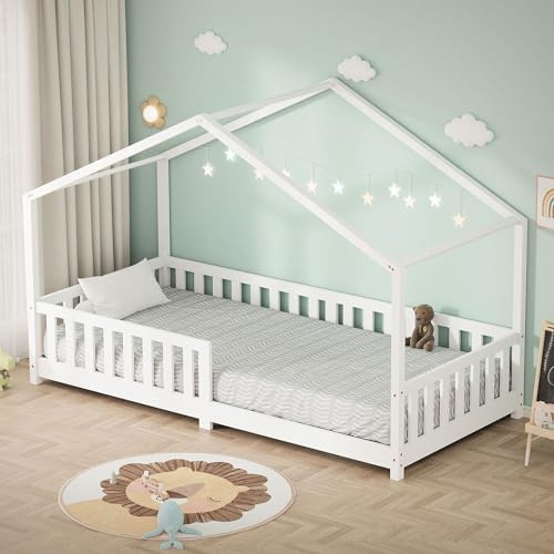 ML-Design Kinderbett Hausbett 90x200 cm Weiß, Holzbett mit Rausfallschutz, Lattenrost und Dach, Spielbett aus massivem Kiefernholz für Kinder, Montessori Bodenbett Bettgestell Bettenhaus Juniorbett