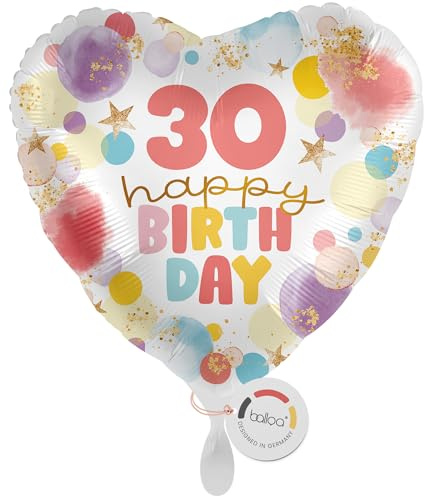 balloa Folienballon Happy Birthday Zahl 30, Geschenk zum 30. Geburtstag, Herzballon mit buntem Motiv, Helium Ballon Luftballon geeignet, Partydeko Geburtstagsdekoration, 33cm