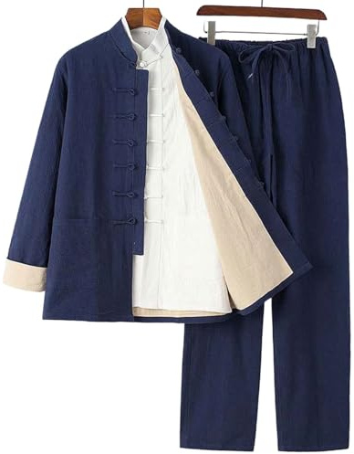 RVUEM Set da 3 Pezzi per Abito Tang, Completi da Uomo in Cotone E Lino per Kung Fu, Camicia da Uniforme per Tai Chi, Tuta Meditazione per Arti Marziali, Abbigliamento Tradizionale Cinese,006,XL