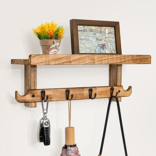 Emfogoo Coat Hooks Wall Mounted, Wood Coat Rack Wall Mount Shelf with Hooks, Farmhouse Wall Coat Rack with Shelf & Vintage Coat Hook for Entryway, Bedroom, Living Room, Kitchen (Vintage Brown)