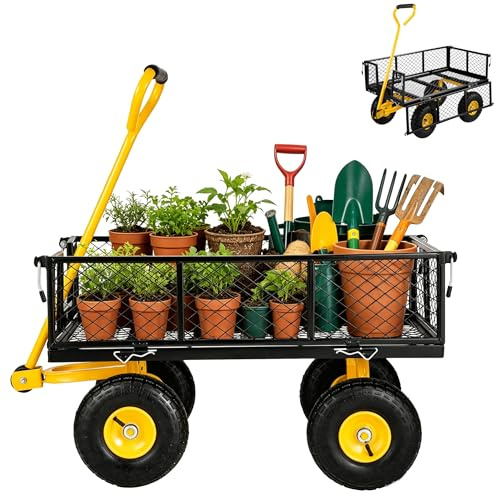 RRrawgff Chariot de Jardin 4 Roues Transport, Charge 408 kg, Chariot Utilitaire Robuste Tractable Extérieur en Métal avec Pneus 25cm, Côtés Amovibles en Maille Réglables, Poignée Rotative 180°