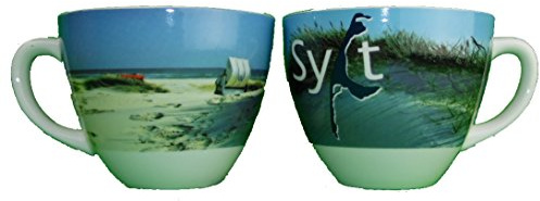 Osters Muschel-Sammler-Shop Kaffeebecher/Teebecher in Blau-Weiss mit Syltmotiv/Strandtasse