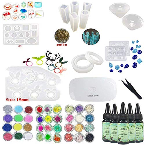 Epoxidharz Schmuck machen Kit mit Formen Crystal Clear Transparent UV-Kleber mit Lampe Pinzette 3 Kit Dekorationen Blumen + 11 Silikonformen + 100 Ringe Ösen für Anhänger Charms Ohrringe Diamanten
