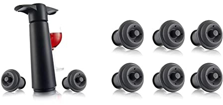 Vacu Vin 09814606 Pompe à Vide - Noir + 6 pièces-bouchons pour pompe vide-gris