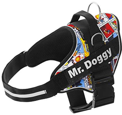 MR. DOGGY Personalisiertes Hundegeschirr - reflektierendes Geschirr für Hunde - inklusive 2 Namensschilder - alle Größen - hochwertig und robust (Cómic, L)