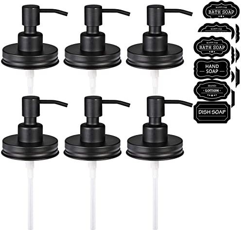Amolliar Mason Jar Liquid Soap Dispenser Lid, 304 Stainless Steel Pump Lid for 16oz Regular Mouth Mason Jar, Rustic Farmhouse Decor, Hand Soap, Dish Soap, Lotion Soap, Black 6 Pack, Extra 3 Long Tubes
