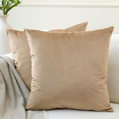 Encasa XO Kissenbezüge aus Samt - 2er-Set (40x40 cm) - Beige- Uni gefärbt, weich & glatt, waschbar, quadratisch, großer Wurfkissenbezug für Couch, Sofa, Stuhl, Bett und Wohnbereich