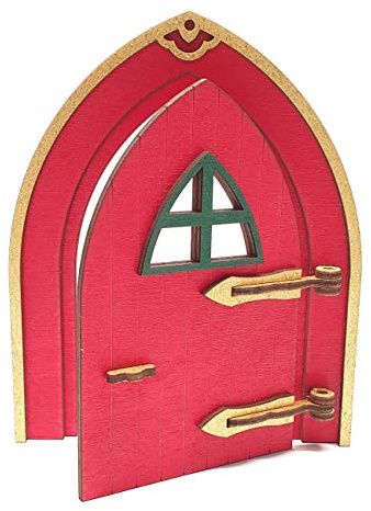 Tanno Design Wichteltür, Feentür, Mäusetür, Elfentür aus Holz zum öffnen mit lustigem Wichtel rot/gold 17cm hoch