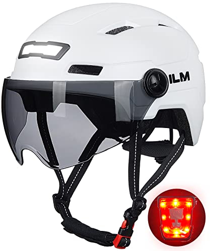ILM Fahrradhelm mit Visier und LED Licht Mountain&Road Fahrradhelme für Damen und Herren Fahrradhelm für Pendeln in der Stadt E3-10L,Weiß S-M