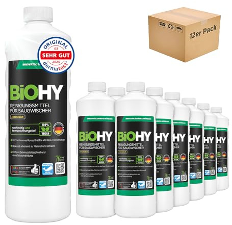 BiOHY Agente de limpieza para limpiaparabrisas de succión (12 botellas de 1 litro) | Concentrado 1:200 para los aspiradores en húmedo | baldosas, PVC, parquet y laminado (Saugwischer)