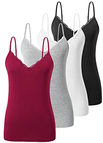 vislivin Débardeur pour Femme Caraco en Dentelle Débardeur à col en V Camisole Sangle Spaghetti Réglable Top Noir/Blanc/Gris/Vin Rouge XL