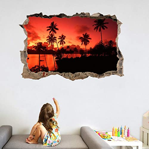 3D Durchbruch Wandsticker, Palmen Selbstklebend Wandtattoo Wanddeko Aufkleber, Sonnenuntergangslandschaft Wanddurchbruch sticker für Wohnzimmer Kinderzimmer Junge Mädchen Teenager Zimmer