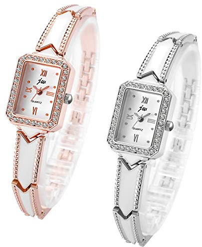 JewelryWe 2pcs Damenuhr Elegant Analog Quarz Armbanduhr Damen Strass Rechteckig Römische Ziffern Beiläufige Uhr Spangenuhr mit Metall-Armband Rosegold/Silber