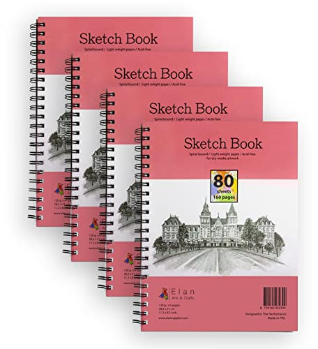 Elan Skizzenbuch A4-4 Pack, 80 Blätt 120gsm Glattes Papier, Sketchbook A4, Skizzenbuch Spiralbindung, Skizzenblock A4 mit Blanko Leichtes Skizzenpapier, Zeichenblock, Zeichenbuch, Sketch Book