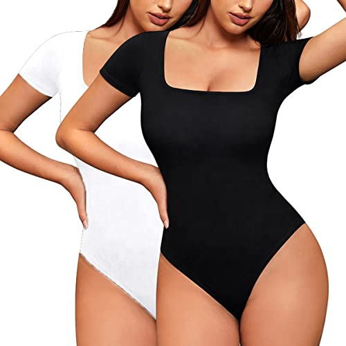 SUIUOI 2 st dambodysuits med fyrkantig urringning kortärmad bodysuit, toppar, dambody för kvinnor, stringbody, overaller, toppar, daglig användning, Svart + vit, M