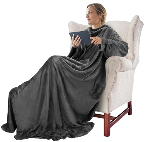 TOWINGO Coperta con Maniche, 170x200cm Plaid con Maniche, Coperta Pile per Uomini, Donna, Grigio