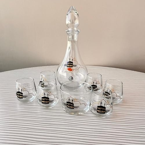 golden pet Zamzam Drinking Serving Cups Set, Total 8 Pieces-6 Glass Zamzam Water Cups, 1 Bottle Carafe and 1 Date Bowl, After Hajj and Umrah Essentials, Hajj Souvenir from Mecca (Kaaba Motif)