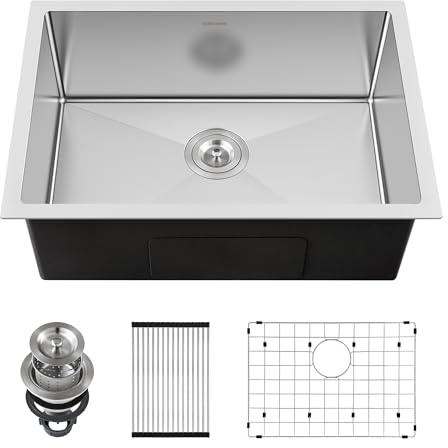 25-inch Undermount Kitchen Sink, SINKVINE Stainless Steel Single Bowl Indoor and Outdoor Sink for Laundry RV, with 3.5-inch Drain Strainer, Bottom Grid Protector, Roll-up Drying Unit, 25 x 18