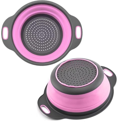 Pink Round Silicone Collapsible Colander – Small Silicone Round Kitchen Strainers with Plastic Handles Foldable Kitchen Strainer Perfect for Draining Pasta Vegetable and Fruit