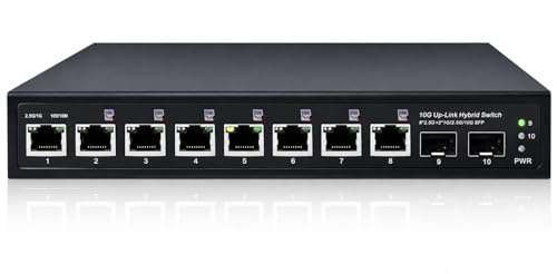 Elfcam® - 10GbE PoE Commutateur Switch Fibre Optique Compatible avec Freebox Ultra, avec 2 Ports 10G SFP+ et 8 Ports 2,5G RJ45 PoE, Plug & Play Non Géré