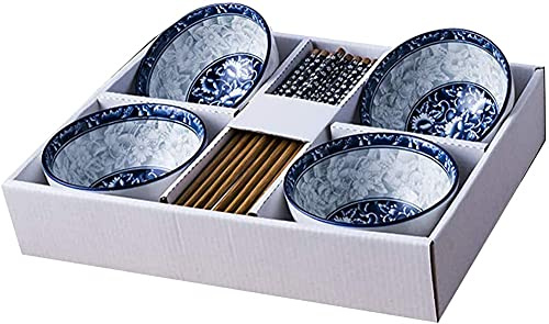TIECHUINIUB Lot de 4 bols chinois et baguettes pour soupe de riz, bols et baguettes en céramique, bols à riz en céramique, bols à céréales en porcelaine bleue et blanche avec boîte délicate comme