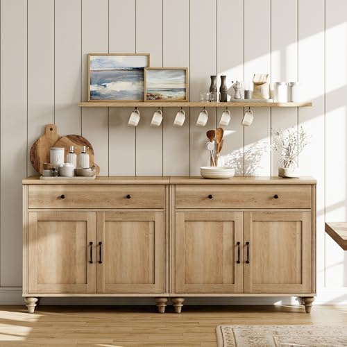 WAMAPT Buffet Cabinet with 4 Doors and 2 Drawers, Large Coffee Bar Table Wood Kitchen Storage Cabinets with Storage Cabinets, Modern Farmhouse Sideboard Credenza for Dining Room, Oak, 68 inch