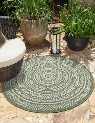 the carpet Mistra Robust Outdoor Rug, Modern, Weatherproof and UV-Resistant, for Balcony, Patio and Conservatory, but also Suitable for the Kitchen, Flatwoven, Green, 120 x 120 cm, Round