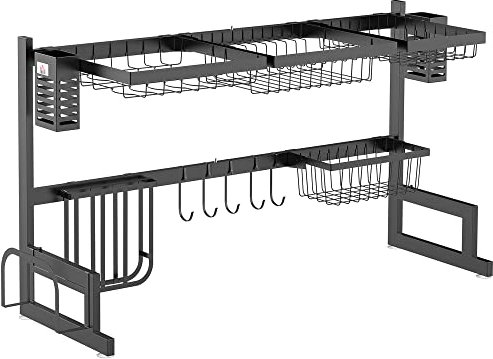 HOMCOM 2-Tier Over-the-Sink Dish Drying Rack, Large Space-Saving Kitchen Counter Organization, Black