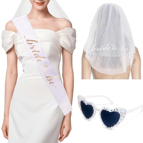 JUSTOTRY 3 Stück Bride to Be Set,Weiß Jga Frauen Schärpe und Embroidered Schleier Team Braut für Junggesellenabschied Frauen Deko,Hochzeit Gift für Bachelorette Party