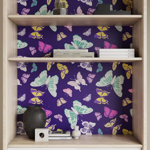 VaryPaper Colorful Butterfly Self Adhesive Wallpaper 44.5cmx200cm Deep Purple Contact Paper for Furniture Kids Wallpaper Bathroom Waterproof Thick Lining Paper for Wall Cupboard Vinyl Wrap Shelf Liner